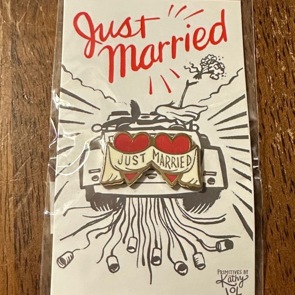 Primitives by Kathy Just Married Pin with Red Hearts
